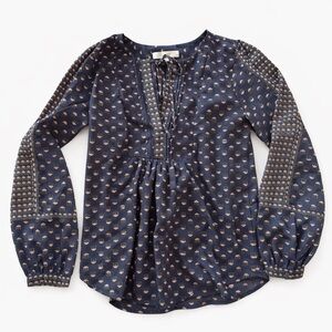 LOFT Boho Floral Peasant Blouse Gray Pink Long Sleeve Top Small